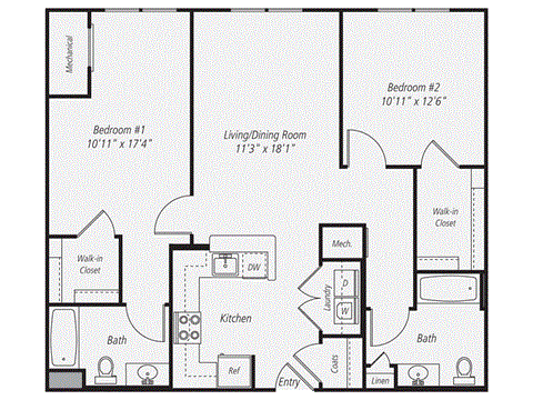 Floor plan for 2 beds, 2 baths, 1036 sqft
